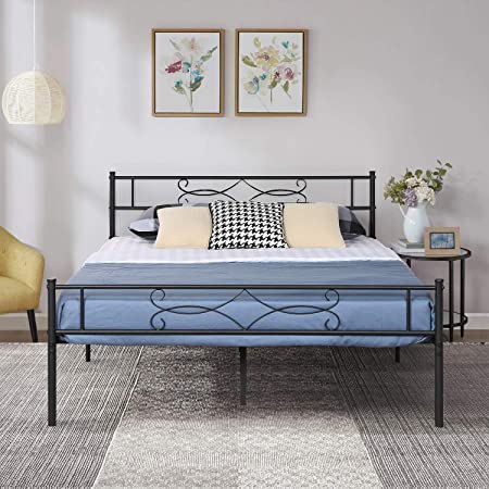 VECELO Black Queen Metal Bed Frame with Headboard & Footboard Premium Steel Slat Support No Box Spring Needed Noise-Free Anti-Slip Easy Assembly