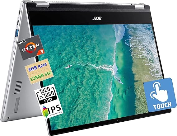 Acer 2023 Newest Spin 2-in-1 Convertible Chromebook, AMD Ryzen 3 3250C(Up to 3.5GHz), 14 Inch FHD IPS Touchscreen, 8GB RAM, 128GB eMMC, WiFi, Backlit Keyboard, Chrome OS, Silver