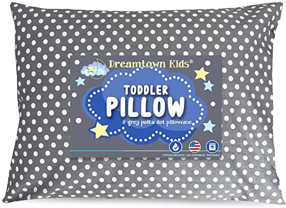 Dreamtown Kids Toddler Pillow with Pillowcase 14x19. Chiropractor Recommended. Made in USA. Ideal for Daycare, Baby Cribs, Toddler beds and car Rides. (Grey Polka Dot)