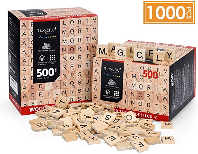 Magicfly 1000Pcs Scrabble Letters for Crafts, Wooden Scrabble Tiles A-Z for Wood Gift Decoration & Scrabble Crossword Game