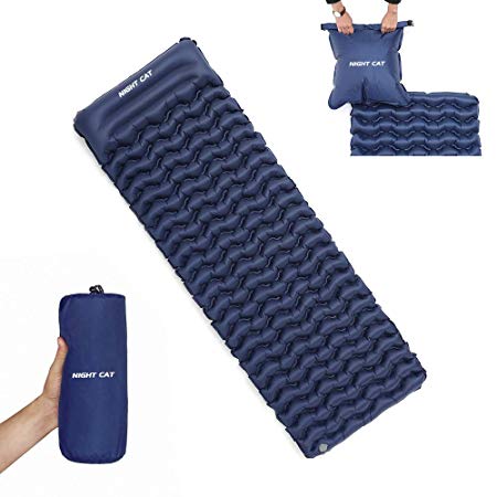 Night Cat Inflatable Sleeping Pads Mat Bed with Pillow and Air Bag for Camping, Backpacking Hiking; Ultra-Light, Compact, Comfortable, 75"x25"