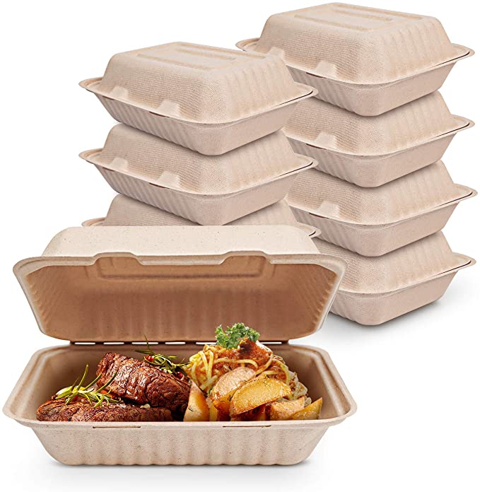 Miibox 100% Compostable Single Compartment Hinged Lid Food Container, Size 9" x 6" x 3", Rectangular, Brown, 50-Pack