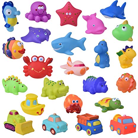 24 PCs Bath Toys for Toddlers, Sea Animals Squirter Toys Kids, Car Squirter Toys Boys, Bath Toy Organizer Included, Stocking Stuffers Xmas Gift for Boys & Girls