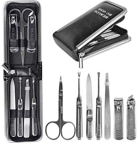 HEALCO 7-in-1 Carbon Steel Manicure Pedicure Kit Professional Nail Clipper Set Travel Grooming Kit with Black PU Leather Case