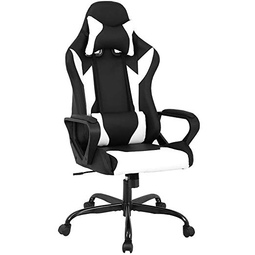 Gaming Chair Racing Chair Office Chair Ergonomic High Back PU Leather PC Computer Chair Rolling Swivel Executive Desk Chair with Lumbar Support Headrest Armrest for Women, White