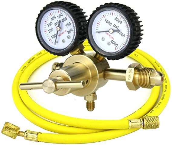 SÜA - Nitrogen Gas Regulator 0-600 PSIG - HVAC Purging - Pressure Charge - 1/4" Flare Connector - With 60" Charging Hose.