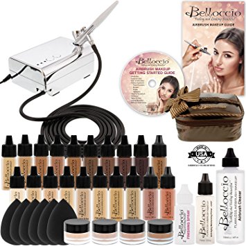 Complete Professional Belloccio Airbrush Cosmetic Makeup System with a MASTER SET of All 17 Foundation Color Shades in 1/4 oz Bottles - Blush, Bronzer, Highlighter, 11 Free Bonus Items, DVD