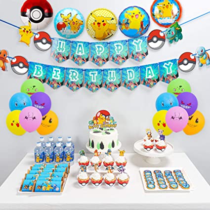 Pikachu Party Supplies,102pcs Birthday Party Decorations Include Happy Birthday Banner,Cake Toppers,Cupcake Toppers and Wrappers,Chocolate Stickers,Bottle Labels,Latex Balloons,Foil Balloons