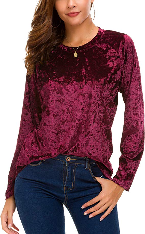 Women's Vintage Velvet T-Shirt Casual Long Sleeve Top