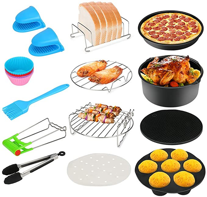 13PCS Air Fryer Accessories, BicycleStore 8 Inch Airfryer Kit Compatible for 4.2QT-6.8QT Air Fryers with Non-Stick Cake Pan, Silicone Mat, Pizza Pan, Silicone Baking Cup, Skewer Rack