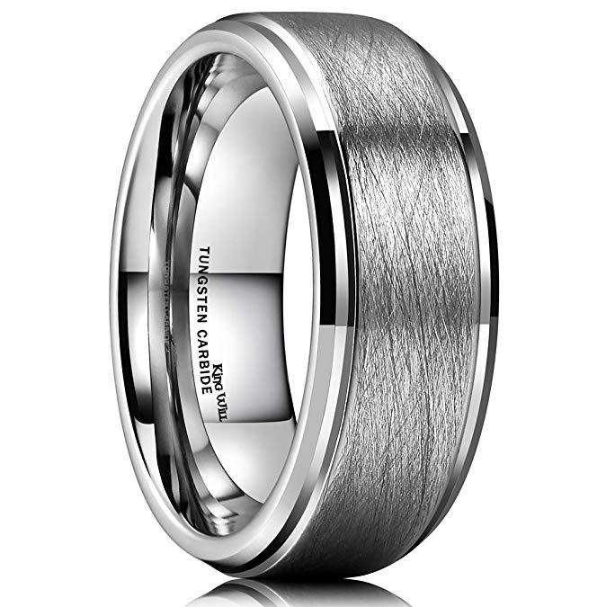 King Will Classic 8mm Tungsten Ring Matte Brushed Finish Grooved Comfort Fit Polished Men's Wedding Band