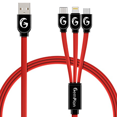 USB Type C / Lightning / Micro 3 in 1 Multi USB Charger, Gempion 1M / 3ft Multiple Universal Charging Cable for iPhone, iPad Android Smartphone New MacBook MP3 with Premium Quality and More (Red)