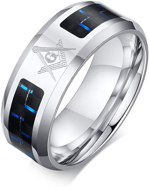8mm Stainless Steel Blue Carbon Fiber Inlay Masonic Freemason Symbol Wedding Ring Bands
