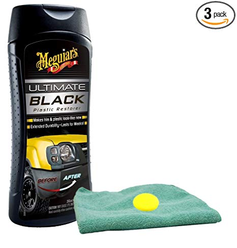 Meguiar's Ultimate Black Plastic Restorer (12 oz) Bundle with Microfiber Cloth & Foam Pad (3 Items)