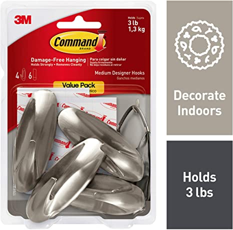 Command 3 lb Capacity Hooks, Indoor Use, 4 hooks, 6 strips