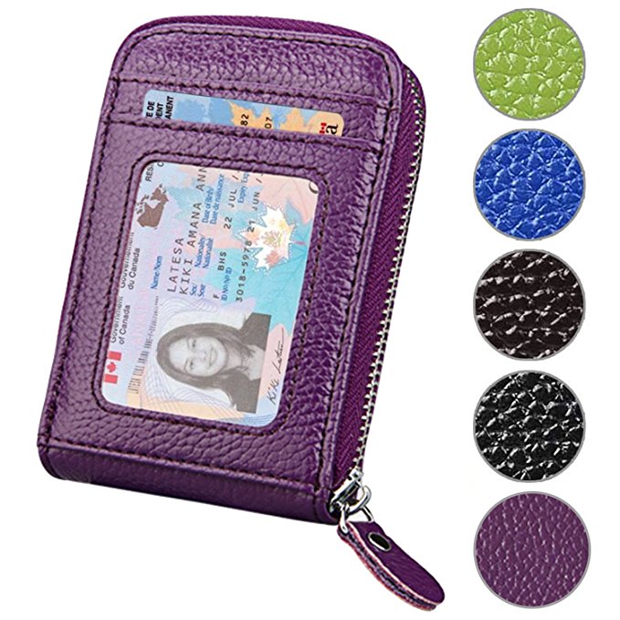 RFID Blocking Genuine Leather Credit Card Holder Case minimalist pocket wallet Organizer Compact Wallet with ID Window