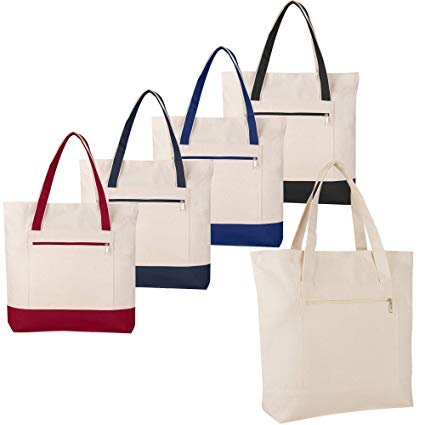 SET OF 4 - Heavy Canvas Large Size Fancy Zippered 12oz.Travel Tote Bags, Canvas Tote Bags by BagzDepot (Mix-4-Colors)