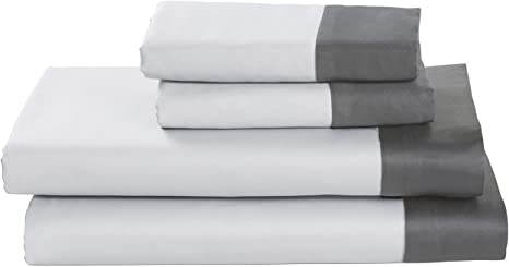 Amazon Brand – Rivet Color Block 100% Supima Cotton Bed Sheet Set, Queen, White / Pewter