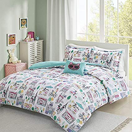 Comfort Spaces Girls/Boys Bedding Twin Size - Paco, Cats, Eiffel Tower 3 Piece Cute Toddler/Kids Comforter Set - Aqua - Hypoallergenic Microfiber - All Season