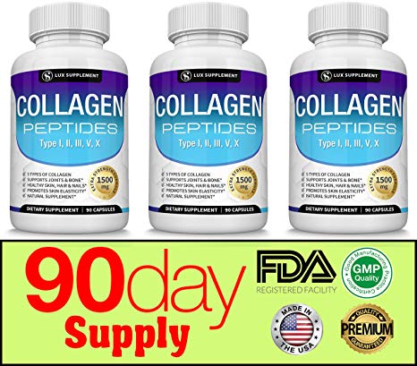 Multi Collagen Peptides Pills 1500 Mg - Type I, II, III, V, X Premium Natural Formula Healthy Skin & Hair, Strong Joint and Anti-Aging, Hydrolyzed Protein, for Men Women, 90 Capsules, Lux Supplement
