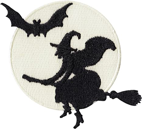 Witch Riding A Broom with Bat - On Glow in The Dark Moon - 3.75" Embroidered Iron on Patch