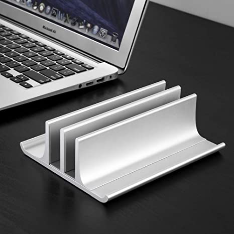 Double Adjustable Vertical Laptop Stand Newly Designed 2 Slot Aluminum Desktop Dual Holder for All MacBook/Chromebook/Surface/Dell/iPad Up to 17.3 Inches - Silver……