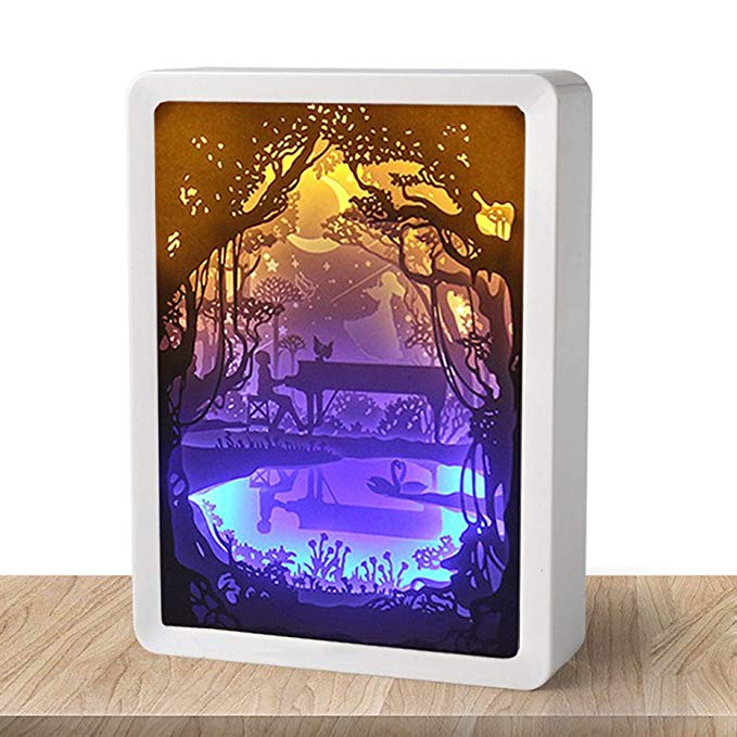 WOMHOPE Birthday Gift ABS Frame Papercut Light Boxes Night Lights Paper Sculptures Night Light Lamp of Creative Shadow Paintings(The Piano (White))