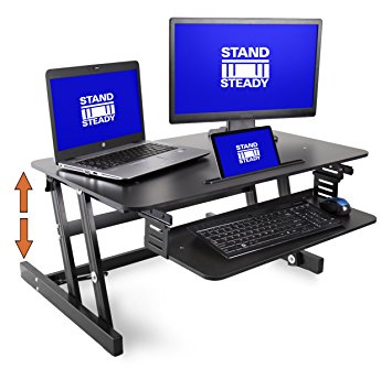 FlexPro Plus 31” Standing Desk | Holds 2 Monitors and Retractable Keyboard Tray | Adjustable Height Desk Converter with Bonus Phone/Tablet Slot | From Award Winning Stand Steady | Lightweight Desk