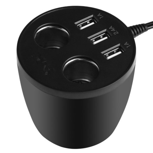 Car Charger HCE 3 USB Ports Cup Car Charger with 2 Sockets Cigarette Lighter for Apple Android Windows Smartphones Tablets