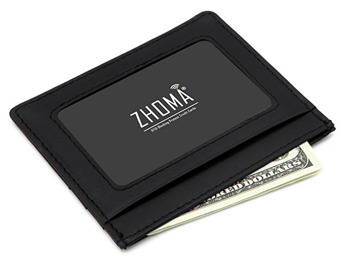 Zhoma RFID Blocking Genuine Leather Minimalist Front Pocket Wallet Credit Card Holder with ID Window