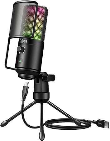 FIFINE USB PC Podcast Recording Microphone, Computer RGB Condenser Mic for Voice Over, Gaming, Streaming, Zoom Meeting, Metal Desktop Mic with Mute Tap, Pop Filter, on PS4/PS5, MAC/Window-K669PRO2