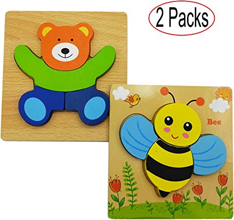 Wooden Jigsaw Puzzles Set for Toddlers Kids 1-5 Years Old, Boys and Girls Educational Toys Gift with 2 Animals Patterns, Best Birthday Holiday for Your Kids, Gift Box Packed (2 Pack)