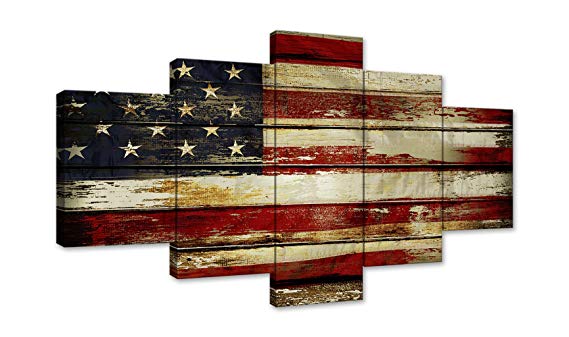 AMEMNY Vintage Wooden Style American Flag Independence Day Canvas Wall Art Painting 5 Panel Modern Posters and Prints Pictures for Living Room, Home Decor USA Flag Framed Ready to Hang