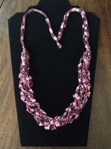 Adjustable Length Crocheted Yarn Necklace Scarf Ladder Trellis Ribbon Pink Breast Cancer
