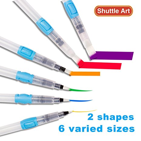 Shuttle Art Water Coloring Brush Pens, Set of 6 Assorted Tips Leakproof with Push Button for Watercolor Painting, Calligraphy, Water Soluble Pencil, Brush Pens, Markers, Flat and Rounded Tips