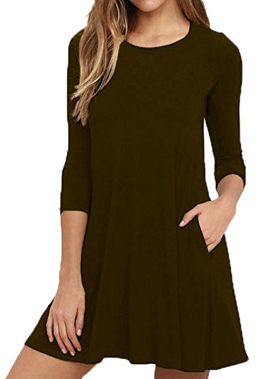 VIISHOW Womens Round Neck 3/4 Sleeves A-line Casual Tshirt Dress with Pocket