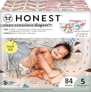 The Honest Company Clean Conscious Diapers | Plant-Based, Sustainable | Wingin' It   Catching Rainbows | Super Club Box, Size 5 (27  lbs), 84 Count