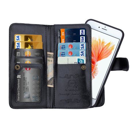 iPhone 6 case, iPhone 6s wallet case, BRG [WRISTLET] [9 CARD HOLDER] [MAGNETIC DETACHABLE] PU Leather Folio Flip Credit Card Slots Cash Holder Wrist Strap Case for Apple iPhone 6 6s, 2nd-Black
