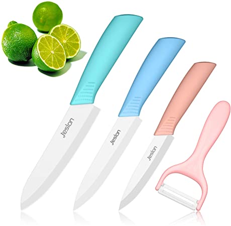 Jeslon Ceramic Knives, 4pcs Ceramic Knife Set (6-inch Chef's Knife, 5-inch Utility Knife, 4-inch Fruit Paring Knife, Peeler) Professional Ultra Sharp Chef Kitchen Knife