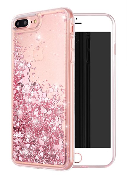 iphone 7 Plus Case, iPhone 8 Plus Case, WORLDMOM Double layer Design Bling Flowing Liquid Floating Sparkle Colorful Glitter Waterfall TPU Protective Phone Case for Apple iPhone 7 plus-Rose gold