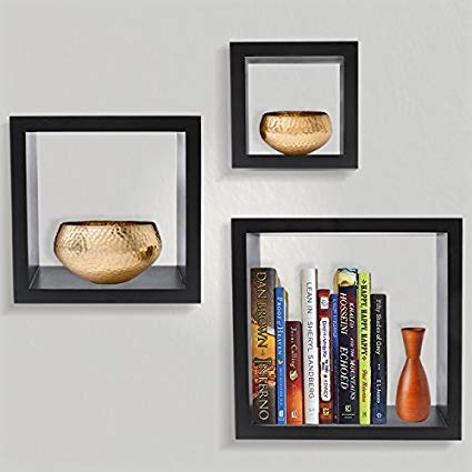 Sorbus Floating Shelves— Square Shaped Hanging Wall Shelves for Decoration - Features Shadow Square Frame Design for Photo Frames, Collectibles, Decorative items, and Much More (Set of 3, Black)