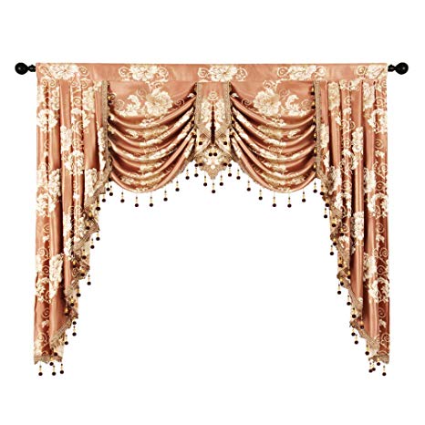 elkca Golden Jacquard Swag Waterfall Valance Luxury Curtain Valance for Living Room (Floral-Coffee, W59 Inch, 1 Panel)