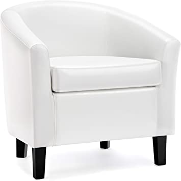 Yaheetech Accent Chair Barrel Chair Faux Leather Club Chair Arm Chair for Living Room Bedroom Reception Room White