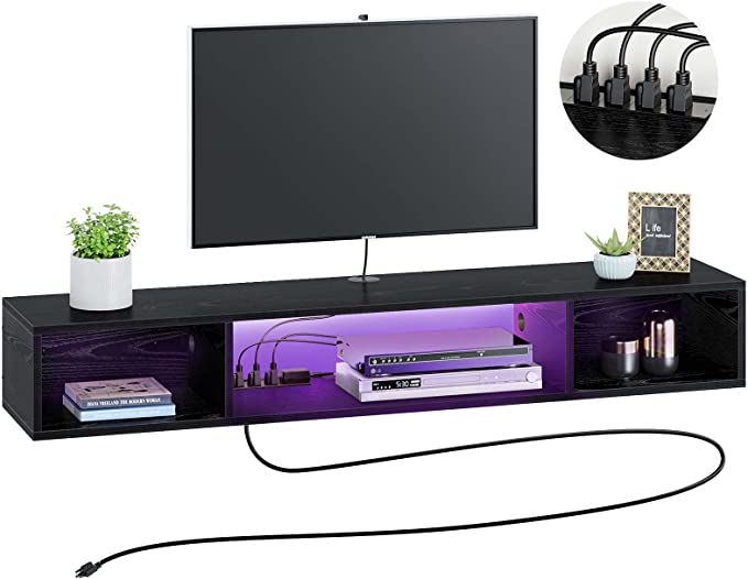 Rolanstar Wall Mounted TV Stand with Power Outlet, Media Console Stand with RGB Lights, 55” TV Storage Shelf, Floating TV Stand Entertainment Shelf with LED for Living Room Bedroom, Black