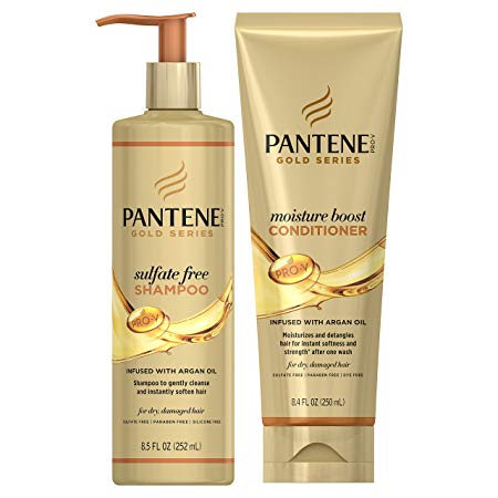 Pantene, Shampoo and Conditioner Kit, with Argan Oil, Sulfate Free, Pro-V Gold Series, for Natural and Curly Textured Hair, 17.9 fl oz, Kit