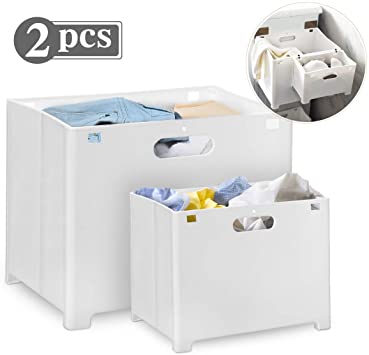 king do way 2pcs Foldable Laundry Cloth Hamper Storage Basket Bin, Wall Mounted Laundry Hampers Storage Basket,Washing Storage Dirty Clothes Bag with Handle for Bathroom Bedroom Home(White)