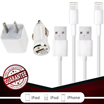 iPhone 6S Charger Set (Two Standard Cables   Wall   Car) - [Set of 4] USB to 8-Pin Cords