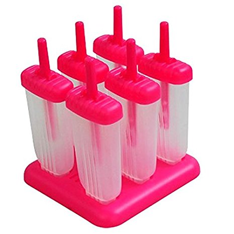Tinksky 6-Cell Rectangle Shaped Reusable DIY Frozen Ice Cream Pop Molds Ice Lolly Makers with Base (Rosy)