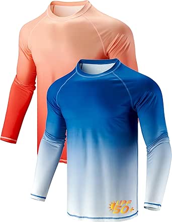 2 Pack Men's Sun Protection Long Sleeve Swim Shirts UPF 50  Loose Fit Rash Guards Fishing Quick Dry Clothing