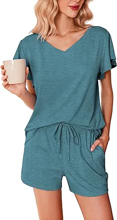 Ekouaer Women's Pajamas Set Ruffle Sleeves Sleepwear V Neck Comfy 2 Piece Pjs Loungewear Set with Pockets S-XXL